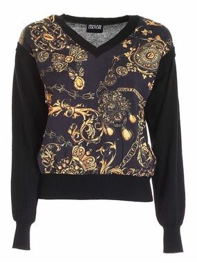 VERSACE Collection Black & Gold Baroque V-Neck Sweater